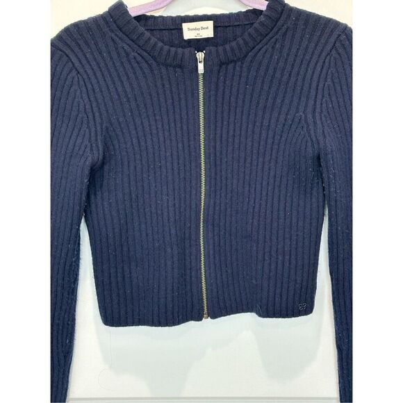Sunday Best Merino Wool Blend Ribbed Zip Front Sweater Navy Size XS - Picture 3 of 8